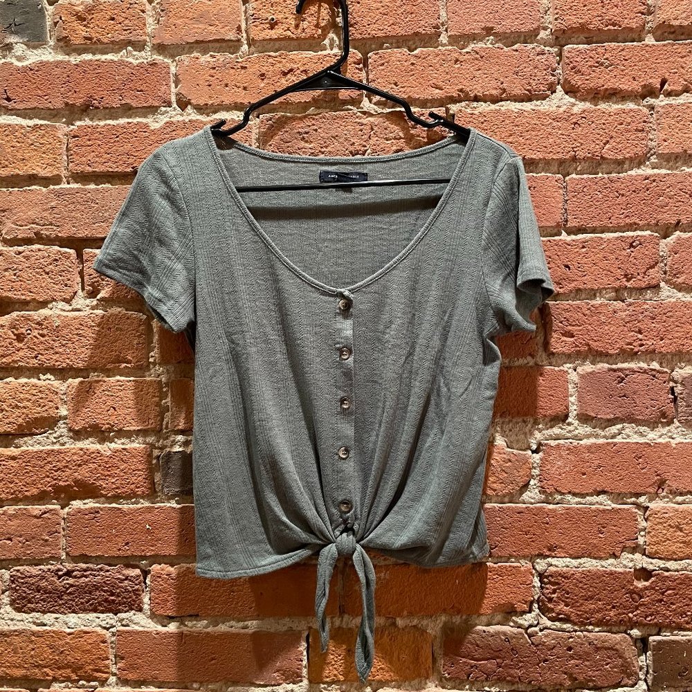 American Eagle Green Tie Front Top